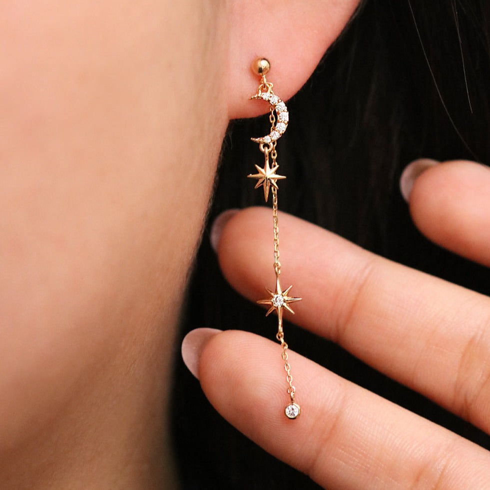 Cubic Moon Drop Chain Earrings