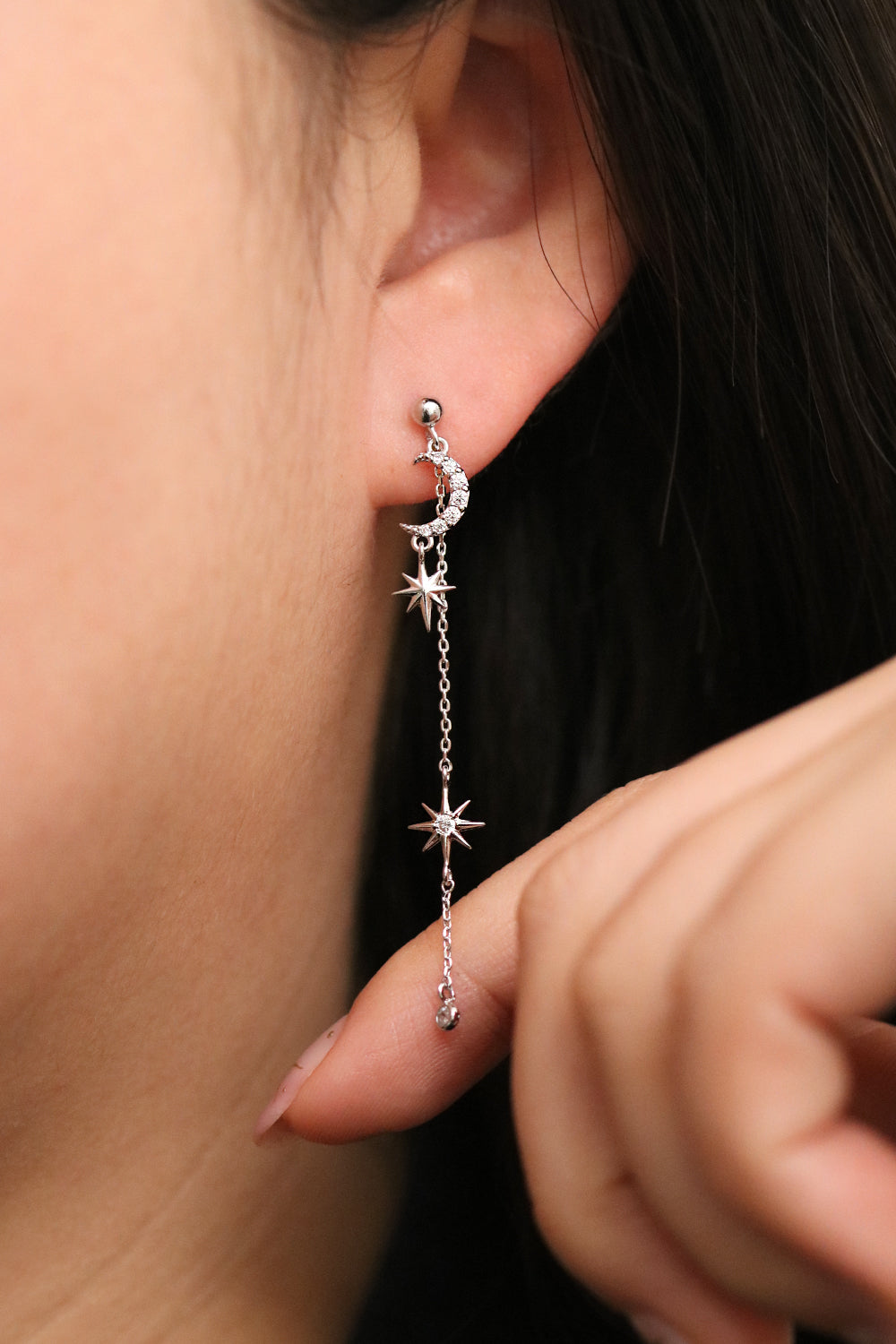 Cubic Moon Drop Chain Earrings